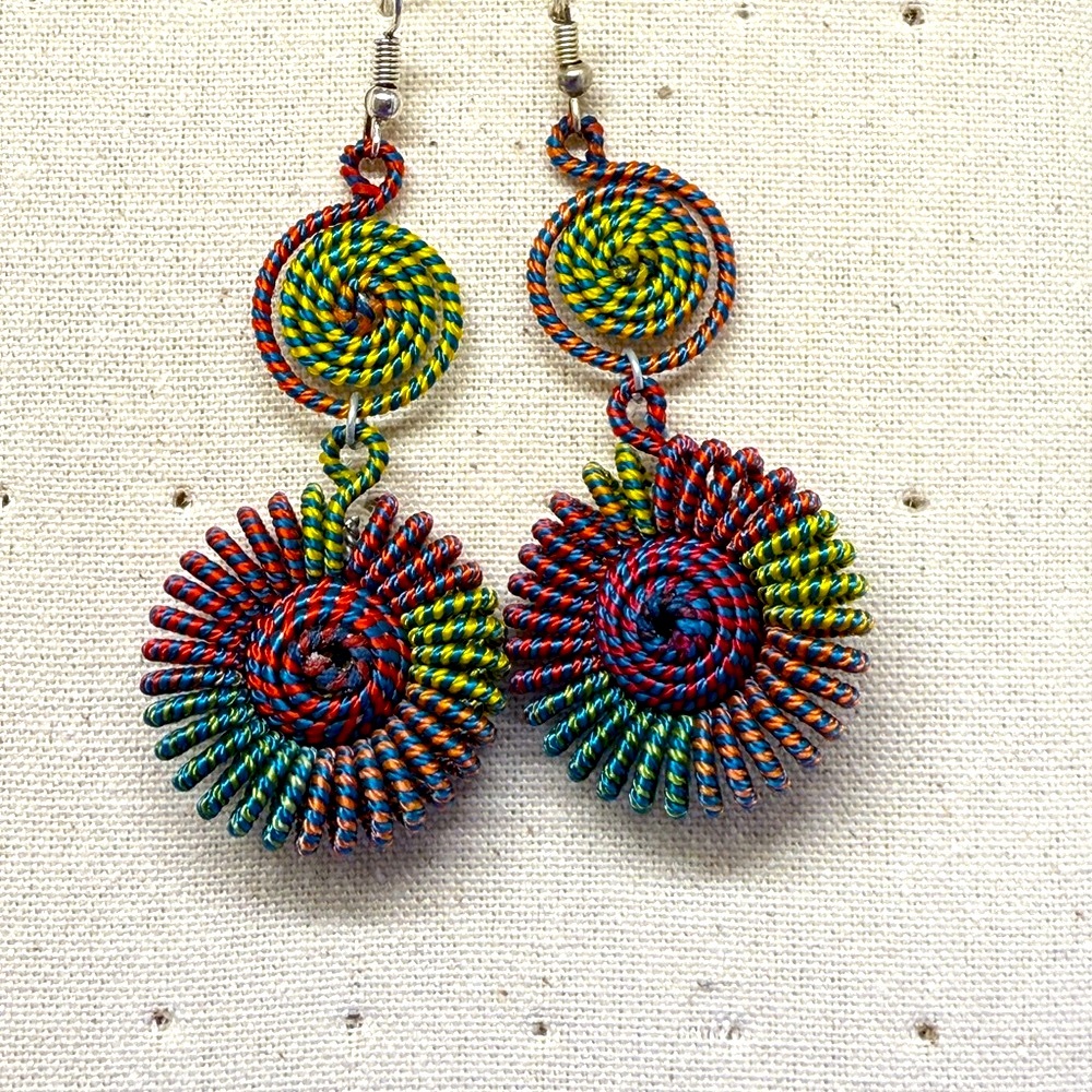 Red and Blue Spiral Beaded Earrings - Picture 1 of 2